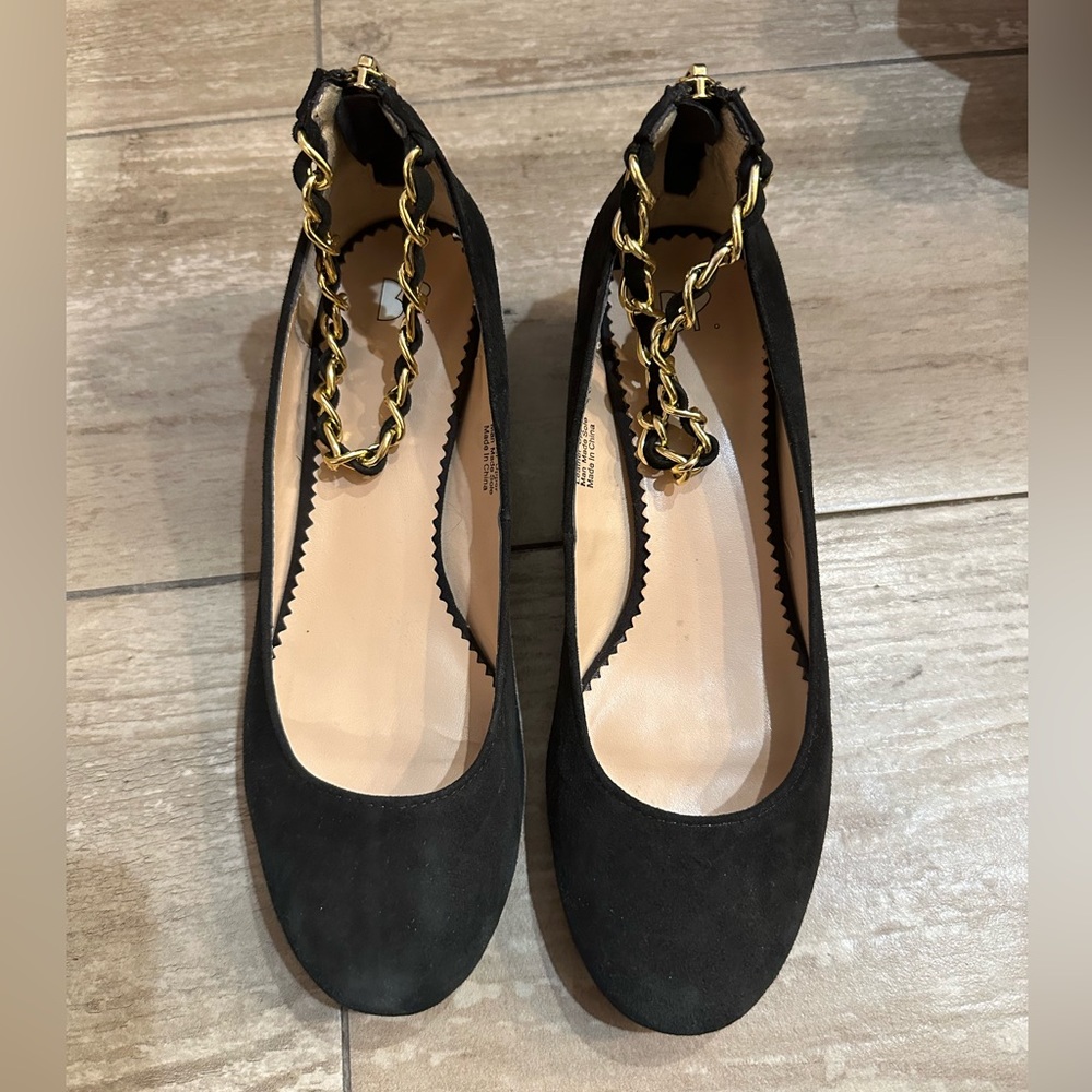 BP Black Suede Chain Strap Heels